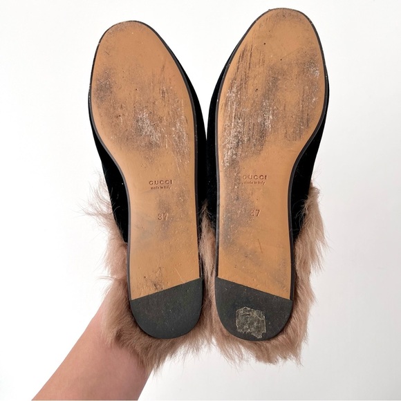 GUCCI || Princetown Fur Black Velvet Horsebit Mules Flats Slides Slippers US 7 - Picture 8 of 9